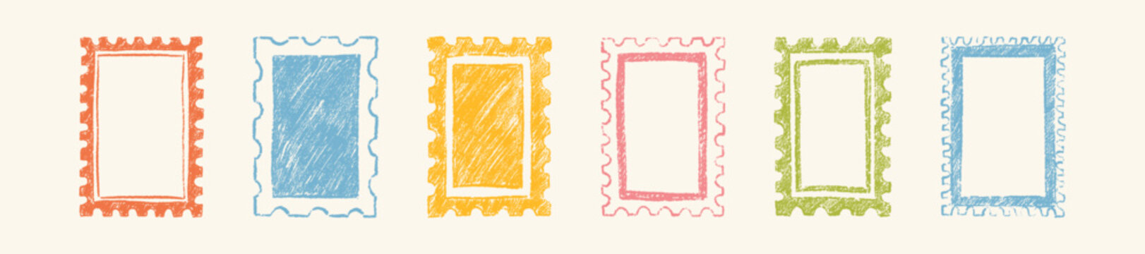 Set of hand drawn coloful childish crayon doodle postage stamp frames. Summer pencil sketch border. Kid photo, painting, picture frame. Postcard vintage design element, funky text box, scribble letter