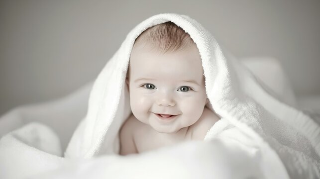 Smiling Baby Wrapped in Soft Towel During Bright Indoor Bath Time