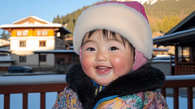 Curious child in traditional dress smiles against mountain village backdrop in winter scenery