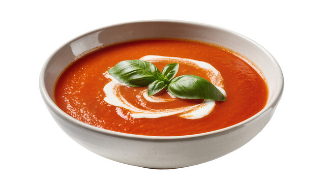 Thick tomato soup with cream swirl and basil leaf, isolated on transparent background