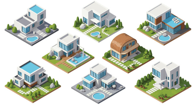 Collection of eight distinct luxury villas with private swimming pools and manicured green lawns in an isometric view for a high-end real estate showcase.