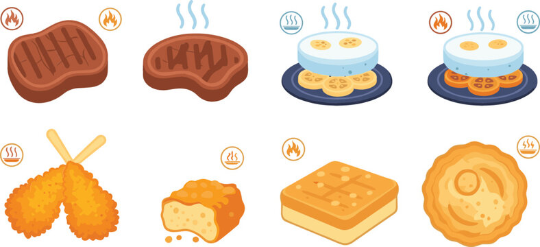 Breakfast Food Illustration Set Featuring Toast Eggs Steak Fried Chicken Waffles and Pastry Items for Morning Meal Menu and Cafe Design