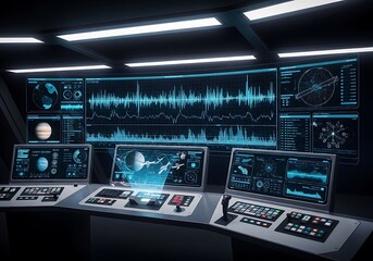 Fototapeta premium Advanced audio-visual monitoring and control station with multiple screens and interfaces