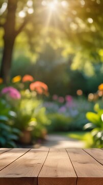 Holztisch im Vordergrund mit unscharfem Blick in einen sonnigen sommerlichen Garten