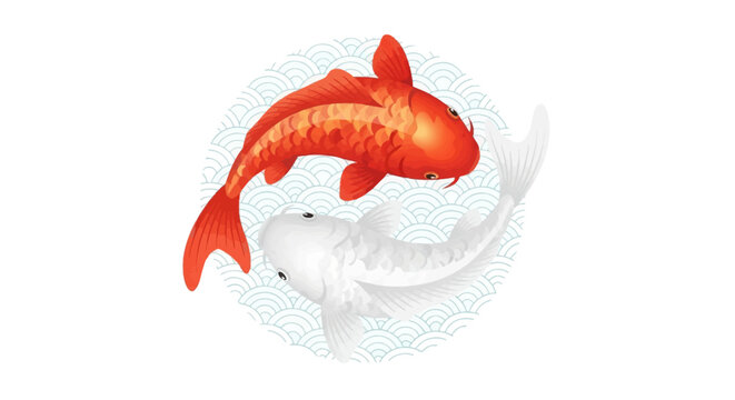 Vector illustration of two koi fish forming a circular composition. Inspired by Japanese symbolism, representing balance, harmony, luck, and prosperity. Flat design with soft gradients