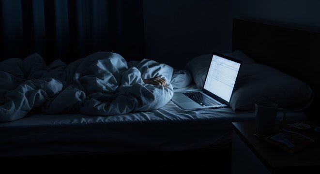 A person lies in bed at night with a laptop glowing beside them