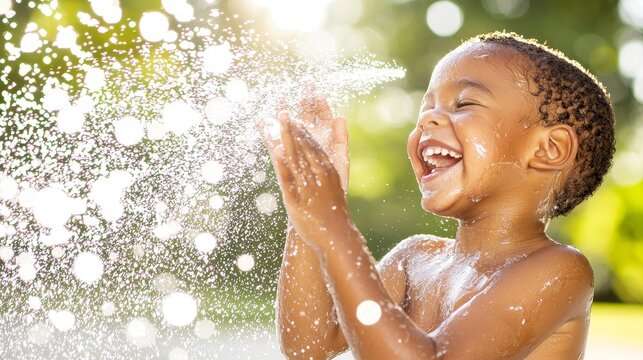 Happy Child Playing with Water Hose in Bright Sunny Garden, Enjoying Summer Fun