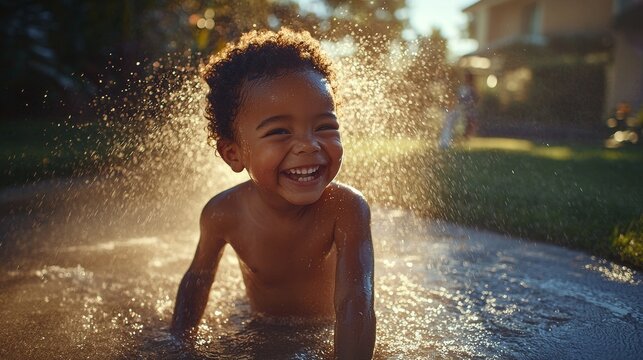 Joyful Child Playing in Garden with Water Hose on a Bright Sunny Day