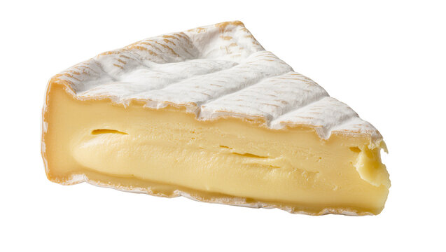 Wedge of creamy brie cheese with white rind, isolated on transparent background