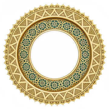 An intricately designed gold and green circular frame on a black background Isolated On Transparent Background