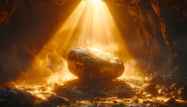 Stone boulder in cave illuminated by sunbeams; natural mineral with rough texture in warm golden light inside dark cavern environment