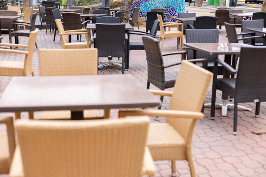 Empty cafe in the park, no people. Selective focus.