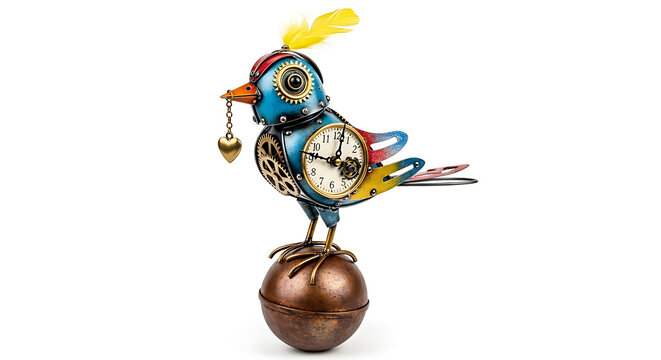 Intricate Steampunk Clockwork Bird Sculpture with Vintage Gears and Whimsical Details on a Bronze Orb Base