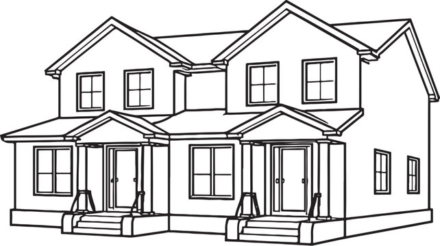Duplex house line art, symmetrical duplex home architecture outline, suburban residential building vector illustration