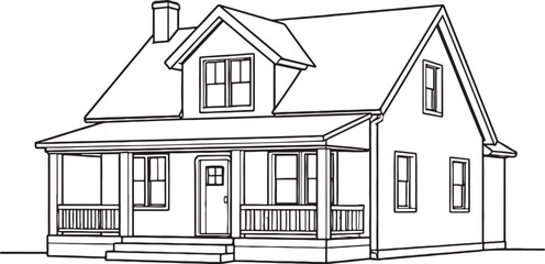American Farmhouse Line Art, Classic Rural Farm House with Front Porch Architecture Outline Vector Illustration Isolated © luu