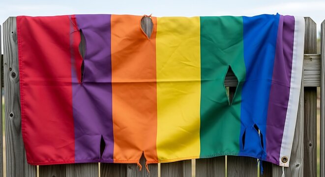 Tattered Rainbow Flag Hanging on Wooden Fence.