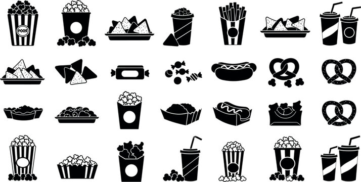 Cinema Snack Icon Set Featuring Popcorn Nachos Soda Hot Dog Candy Pretzels and Fast Food Items for Movie Theater and Entertainment Design