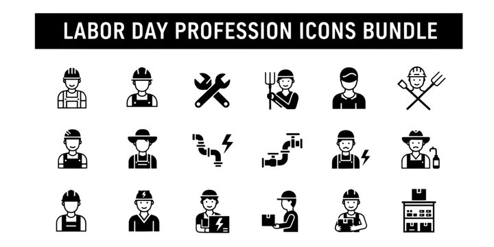Organized minimalist icon bundle for Labor Day celebration featuring various professions and trades in a clean style
