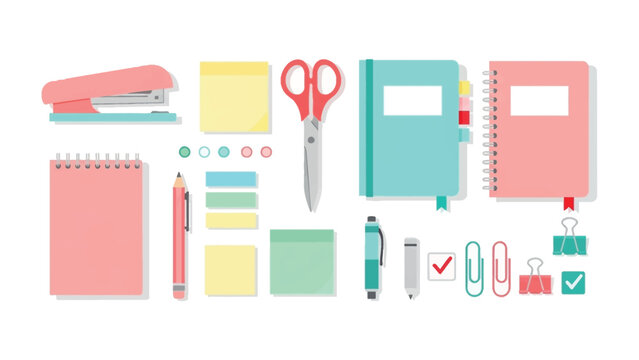 Stationery Assortment: A curated collection of office supplies and stationery, thoughtfully arranged against a clean backdrop, featuring notebooks, pens, scissors, sticky notes, and a stapler.