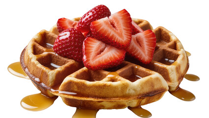 Golden brown waffles topped with fresh sliced strawberries and syrup, isolated on transparent background © Elena