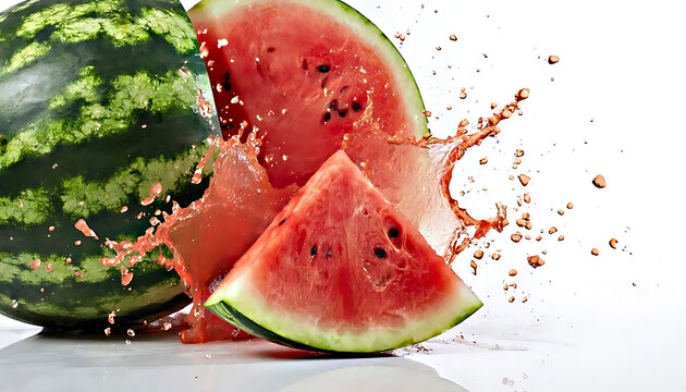 Sliced watermelon with splashing juice and pulp. Fresh fruit exploding with liquid spray against white background. Summer food refreshment and healthy organic diet nutrition concept.