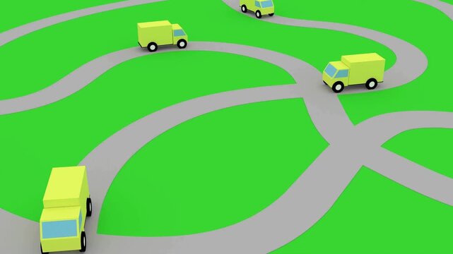 Low Poly Yellow Delivery Trucks Driving on a Road Network