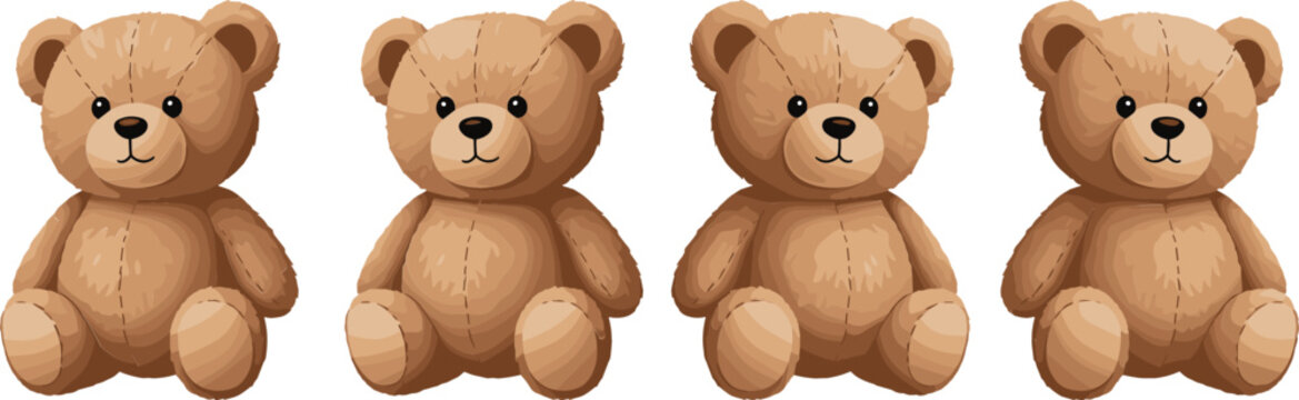 Set of cute teddy bear plush toys in different poses soft brown stuffed animals cartoon style vector illustration collection isolated on background