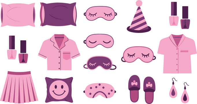 Cute pink sleepover essentials vector set with pajamas pillows eye masks slippers cosmetics and cozy girly night routine elements collection