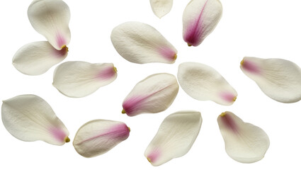 Scattered white magnolia petals with pink blush, isolated on transparent background © Elena