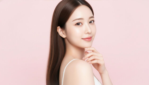 清楚で明るい表情とツヤ感のあるストレートヘアをやさしい配色で表現した、フェイスケア・ヘアケア・美容ブランドの世界観づくりに最適な広告用ポートレート素材