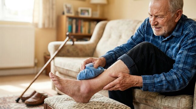 Elderly man treating sprained ankle at home with ice pack indoor setting close-up shot