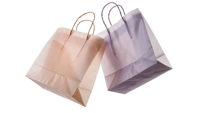 Two paper shopping bags one brown and one purple, isolated on transparent background