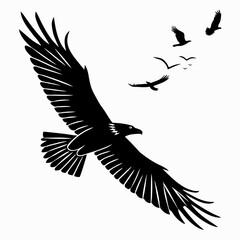 Fototapeta premium A minimalist vector graphic illustration of a flying eagle with flock of birds in silhouette