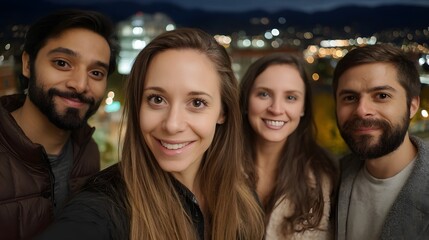Obraz premium Three smiling friends pose outdoors with a vibrant illuminated city skyline backdrop at night