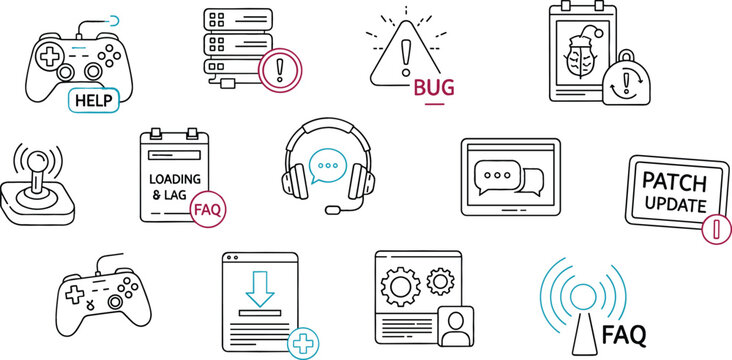 Software Support and Gaming Service Icon Set Featuring Bug, Patch Update, FAQ, Download, Controllers, Help Desk, Loading Screen, and Technical Assistance Symbols for App Design