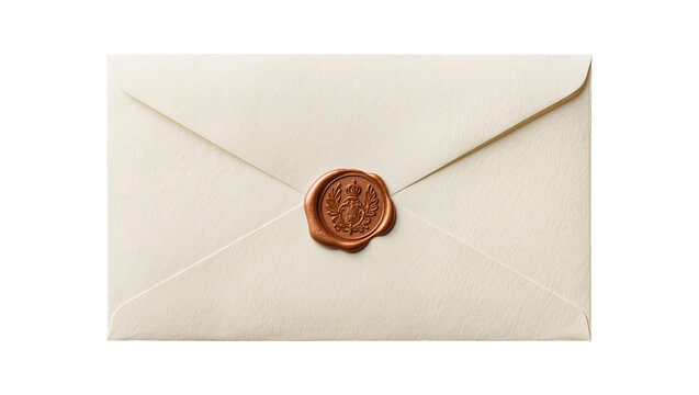 Cream colored envelope sealed with a round bronze wax seal, isolated on transparent background