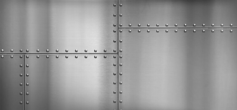 Steel metal border, background with rivets and iron texture, vector illustration. Polished silver sheet, aluminum surface panel with bolts, realistic scratches and metallic sheen, airplane wall design