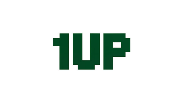 Green pixelated 1UP text, isolated on transparent background