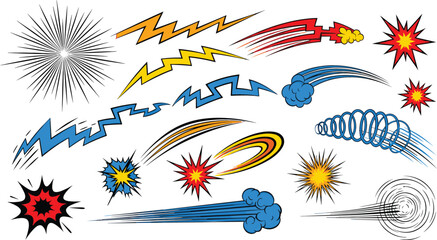 Comic Style Explosion Bursts, Lightning Bolts, Speed Lines and Energy Effects Collection, Colorful Cartoon Action Elements for Comics, Games, Posters and Dynamic Designs © sumi