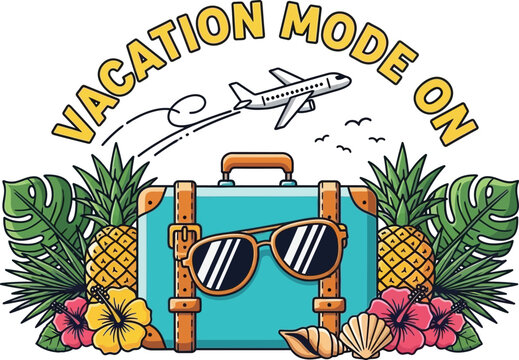 Title vacation mode on a tropical getaway illustration description a vibrant watercolor illustration depicting vacation