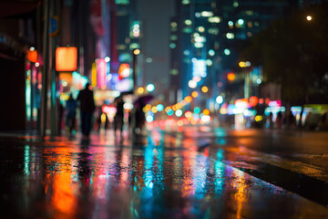 Fototapeta premium City Nightlife Blurred Silhouettes and Neon Reflections on a Rainy