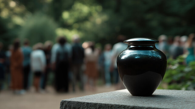 Memorial urn in focus with mourners behind, outdoor remembrance ceremony, funeral service concept, grief and loss, respectful farewell, cemetery gathering, bereavement support, rea