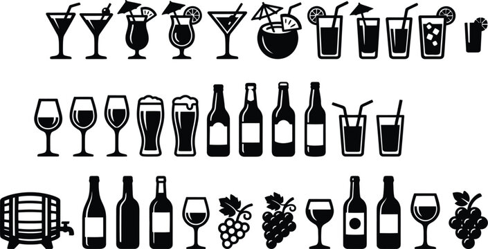 Alcoholic beverage icons set, black cocktail and wine glass symbols, beer bottle and grape graphics, 30 drink elements in EPS format
