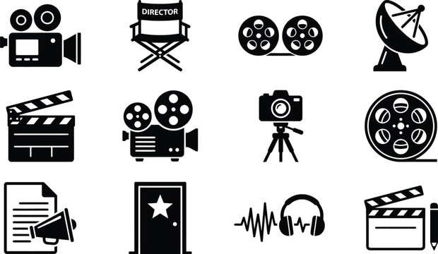 Film production icons including a director chair, film reels, camera, clapper board, and satellite dish for movie making and broadcasting
