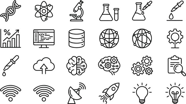 Vector graphic illustration of various science and technology icons including DNA, atom, microscope, beaker, and computer symbols