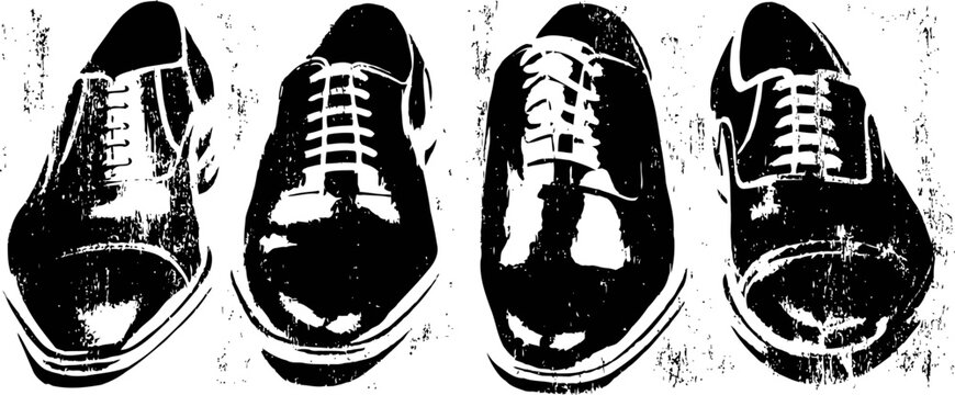 Four classic black leather men's dress shoes with laces lined up side by side