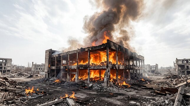 Industrial warehouse building on fire with heavy smoke and debris