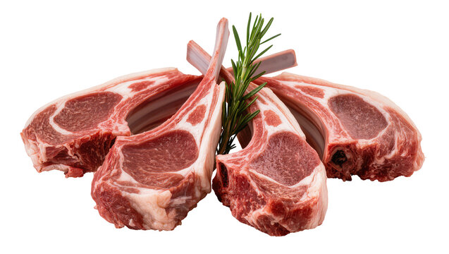 Raw lamb chops with rosemary sprig, isolated on transparent background