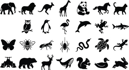 Fototapeta premium Black animal silhouettes collection, 27 wildlife icons in EPS format, minimalist zoo and nature fauna symbols for educational design