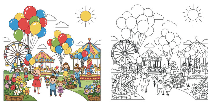 Happy children having fun at an amusement park with balloons and carousel coloring book page for kids with colored version and line art illustration